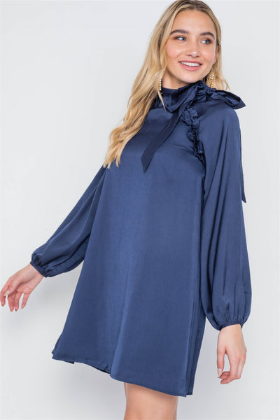 Monica Veronica 100% Polyester Long Sleeve Satin Shirred Ruffle Detail Relaxed Fit Fully Lined Mini Dress (Navy)