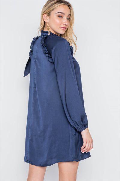 Monica Veronica 100% Polyester Long Sleeve Satin Shirred Ruffle Detail Relaxed Fit Fully Lined Mini Dress (Navy)