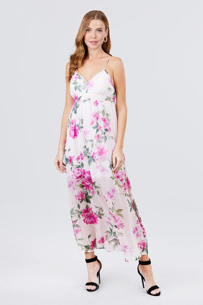 Miss Darla Diva 100% Polyester Floral-Multi Pattern Deep V-neck Cross Straps Back Detail Maxi Dress (Blush/Magenta))