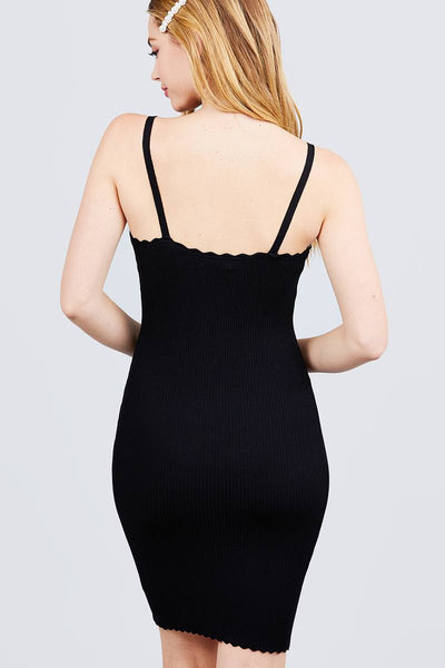 Simple But Sexy 30% Polyester 70% Rayon Scalloped Edge Cami Straps Sweater Knit Mini Dress (Black)