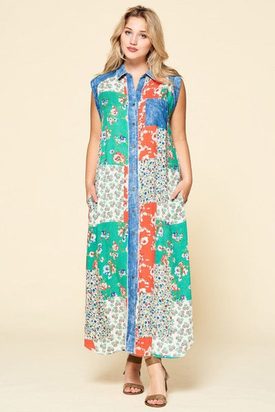 Plus Size Lovely Ladies 100% Rayon Sleeveless Floral Mix Patchwork Print Button Down Maxi Dress (Denim/Green)