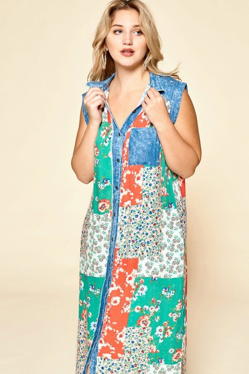 Plus Size Lovely Ladies 100% Rayon Sleeveless Floral Mix Patchwork Print Button Down Maxi Dress (Denim/Green)