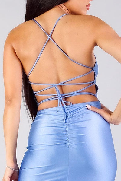 Sheer Beauty 82% Nylon 18% Spandex Made In U.S.A. Strappy Back Lace Up Ruched Mini Dress (Chambray)