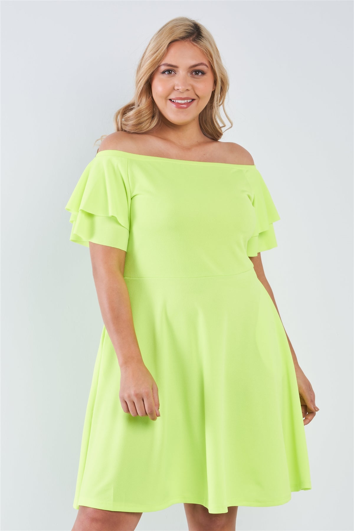 Plus Size Lovely Ladies Polyester Blend Off-The-Shoulder Pocket Detail Tiered Sleeve Midi Dress (Lime)