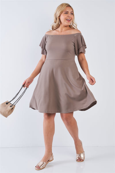 Plus Size Lovely Ladies Polyester Blend Off The Shoulder Tiered Short Sleeve Pocket Detail Midi Dress (Mocha)