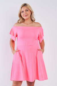 Plus Size Lovely Ladies Polyester Blend Off The Shoulder Tiered Short Sleeve Pocket Detail Midi Dress (Neon Pink)