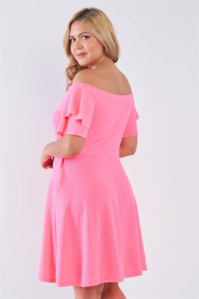 Plus Size Lovely Ladies Polyester Blend Off The Shoulder Tiered Short Sleeve Pocket Detail Midi Dress (Neon Pink)
