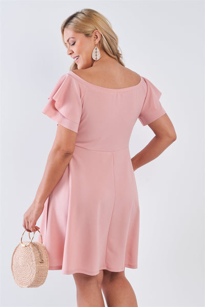 Plus Size Lovely Ladies Polyester Blend Made In U.S.A. Off The Shoulder Tiered Sleeve Pocket Detail Stretchy Fabric Midi Dress (Pink)