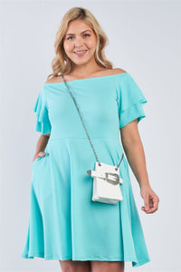Plus Size Lovely Ladies Polyester Blend Off The Shoulder Tiered Sleeve Pocket Detail Stretchy Fabric Midi Dress (Turquoise)