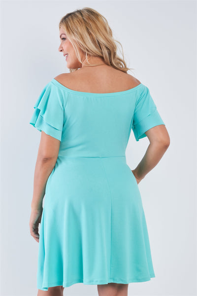 Plus Size Lovely Ladies Polyester Blend Off The Shoulder Tiered Sleeve Pocket Detail Stretchy Fabric Midi Dress (Turquoise)
