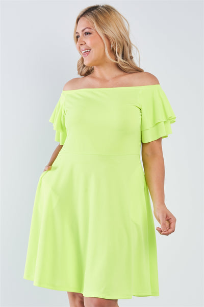 Plus Size Lovely Ladies Polyester Blend Off-The-Shoulder Pocket Detail Tiered Sleeve Midi Dress (Lime)