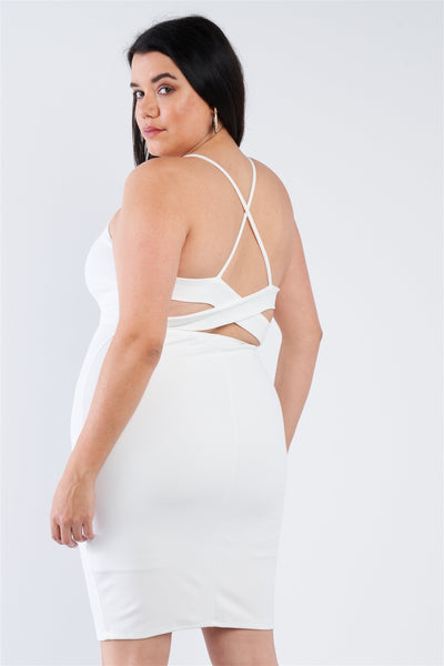 Plus Size Lovely Ladies Polyester Blend Basic Bodycon Stretchy Unlined Semi-Sheer Midi Dress (White)