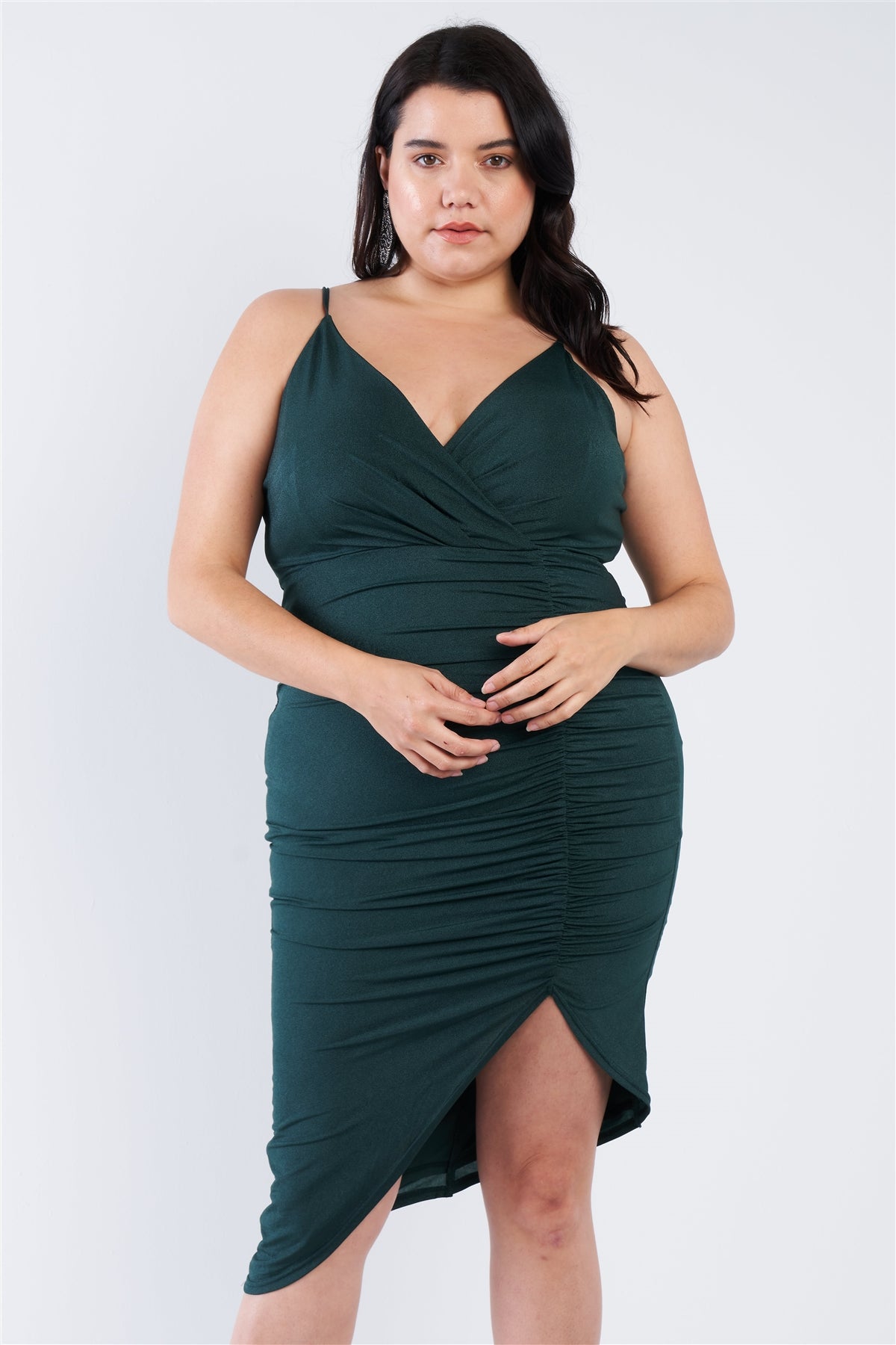 Plus Size Lovely Ladies Polyester Blend A-symmetrical Wrap Top Scrunched Seam Club Wear Dress (Hunter Green)