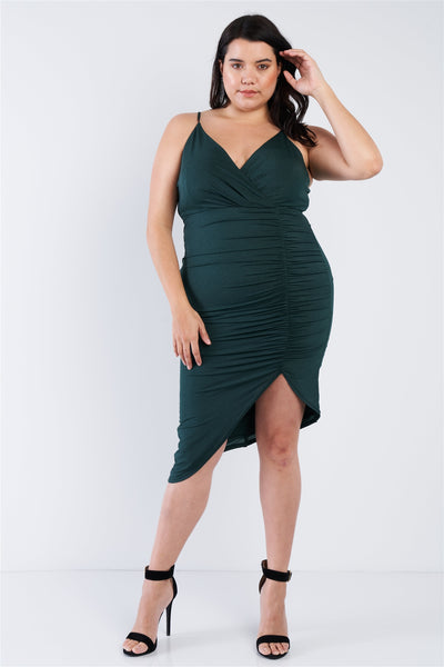 Plus Size Lovely Ladies Polyester Blend A-symmetrical Wrap Top Scrunched Seam Club Wear Dress (Hunter Green)