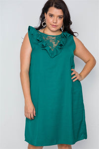 Plus Size Lovely Ladies 100% Polyester Sleeveless Double Lace Insert "V" Plunge Ruffle Detail Lace Insert Midi Dress (Green)
