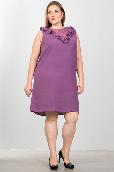 Plus Size Lovely Ladies 100% Polyester Sleeveless Double Lace Insert "V" Plunge Ruffle Detail Mini Dress (Purple)