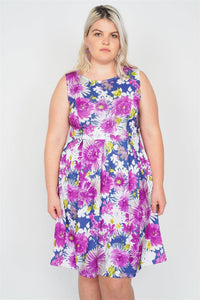 Plus Size Lovely Ladies 95% Polyester 5% Spandex Round Neck Watercolor Floral Pleated Waist Sleeveless Casual Chic Mini Dress (Purple/Navy)