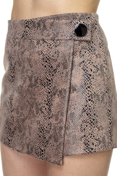 Our Best Faux Suede Snake Print Polyester Blend Side Button Detail Mini Shorts (Taupe)
