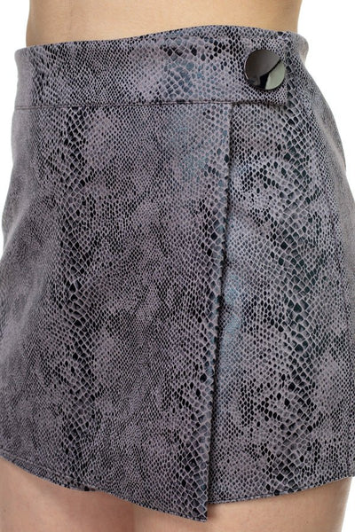 Our Best Faux Suede Snake Print Polyester Blend Side Button Detail Mini Shorts (Grey)