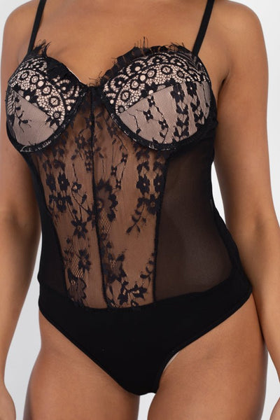 Madeleine At Midnight 100% Nylon Adjustable Cami Straps Sheer Mesh Lace Teddy (Black/Nude)