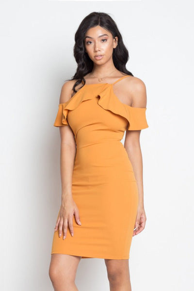 Selena Regina 95% Polyester 5% Spandex Ruffle Trim Open Shoulders Bodycon Halter Solid Color Mini Dress (Mustard)