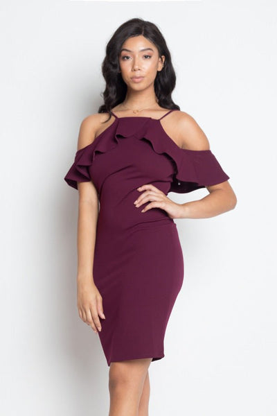 Selena Regina 95% Polyester 5% Spandex Ruffle Trim Open Shoulders Bodycon Halter Solid Color Mini Dress (Plum)