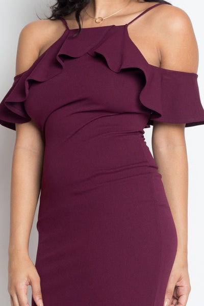 Selena Regina 95% Polyester 5% Spandex Ruffle Trim Open Shoulders Bodycon Halter Solid Color Mini Dress (Plum)