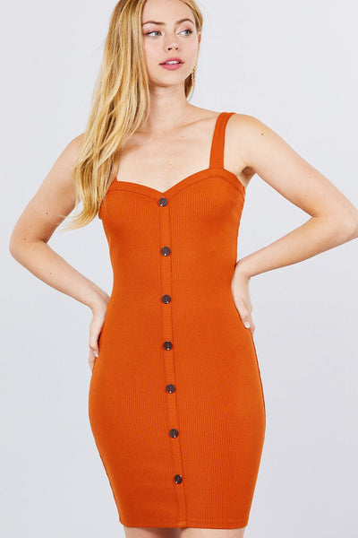 Heart To Heart/Heart Neck Rayon Blend w/Button Down Detail Heavy Rib Rayon Spandex Mini Knit Dress (Spicy Rust)