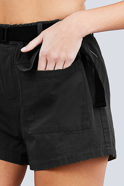 Our Best 100% Cotton Twill Belted Side Pocket Cargo Cotton Short Pants (Black)