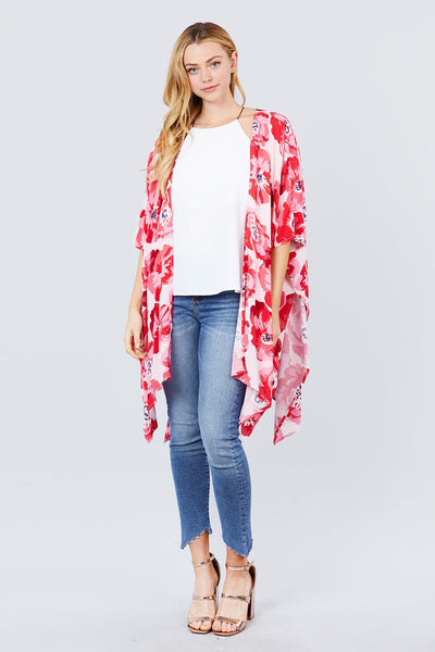 Callista Karista 100% Rayon Slide Slit Bold As Beautiful Floral Print Kimono Cardigan (Pink Red)