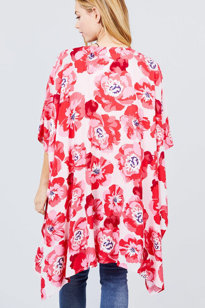 Callista Karista 100% Rayon Slide Slit Bold As Beautiful Floral Print Kimono Cardigan (Pink Red)