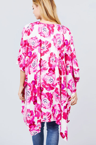 Callista Karista 100% Rayon Slide Slit Bold As Beautiful Floral Print Kimono Cardigan (Ivory Hot Pink)