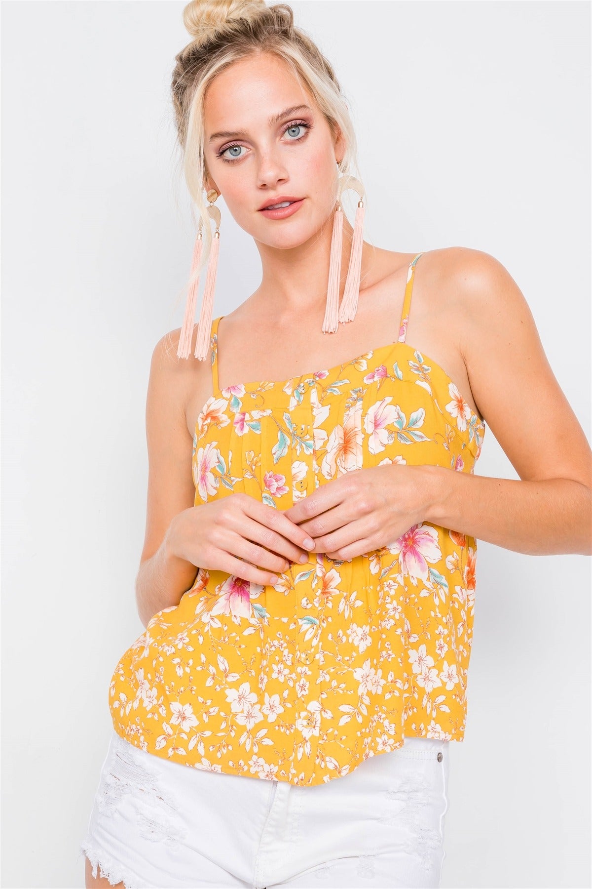 Our Best Vintage 100% Rayon Floral Print Pleated Adjustable Cami Straps U-shape Hem Crop Top (Yellow)