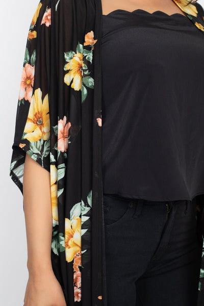 Leona Fiona Nylon Blend Festive Floral Pattern Print Mesh Kimono Jacket (Black Mustard)