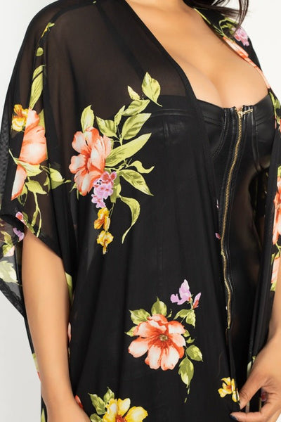 Leona Fiona Nylon Blend Festive Floral Pattern Print Mesh Kimono Jacket (Black Coral)