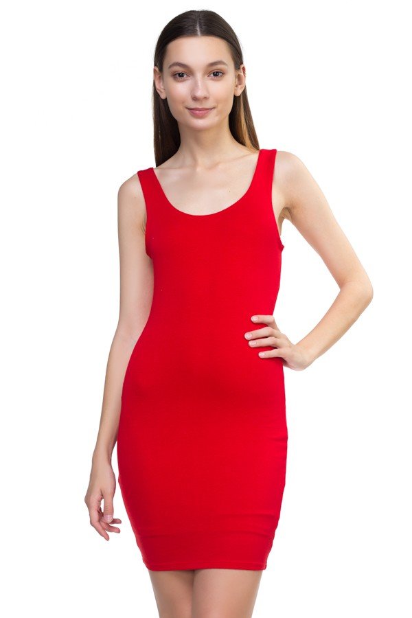 Paloma Pomona Pullover 96% Rayon 4% Spandex Simple Sexy Solid Color Sleeveless Scoop Neckline Knit Mini Dress (Red)