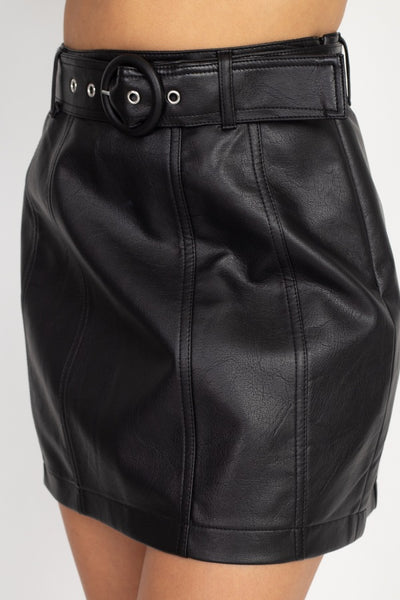 Our Best Faux Leather Polyester Blend Belted Zip Closure Relaxed Silhouette Mini Skirt (Black)