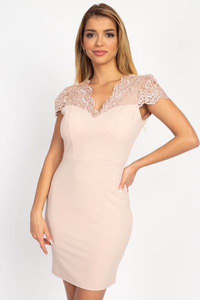 Sherri Sherrie 95% Polyester 5% Spandex V-neckline Knit Bodycon Floral Lace Cut-Out Back Detail Mini Dress (Nude)