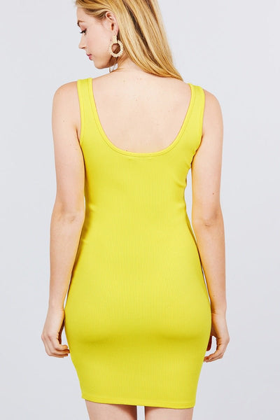 Our Best 88% Rayon 12% Spandex Sleeveless Deep Round V-shape Neckline Scoop Back Ribbed Mini Dress (Yellow)