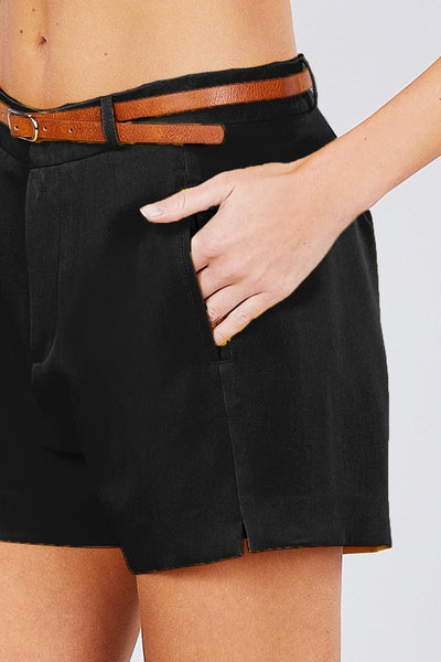 Our Best Polyester Blend Front Slit Sash Belt Tie w/Elastic Band Short Pants (Black)