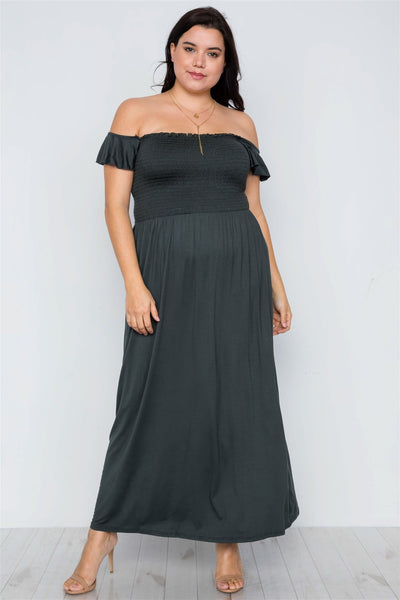 Plus Size Lovely Ladies Polyester Blend Made In U.S.A. Off The Shoulder Flounce Sleeve Smoked Solid Color Maxi Dress (Hunter Green)