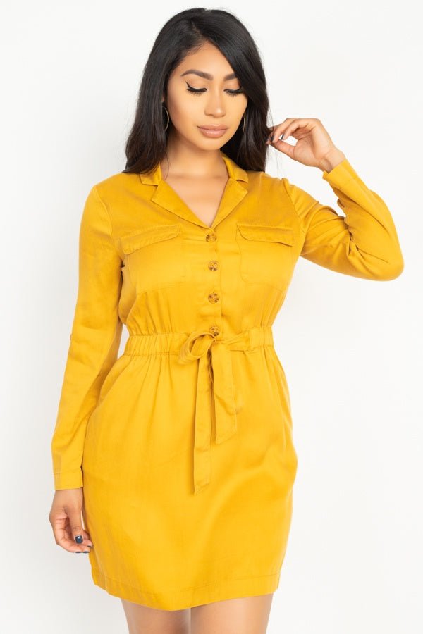 Our Best 100% Lyocell Collar Neck Breast Pocket Detail Button Down Long Sleeve Belted Sash Tie Shirt Mini Dress (Mustard)
