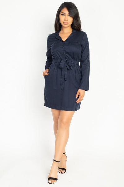 Our Best 100% Lyocell Collar Neck Breast Pocket Detail Button Down Long Sleeve Belted Sash Tie Shirt Mini Dress (Navy)