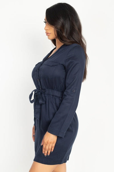 Our Best 100% Lyocell Collar Neck Breast Pocket Detail Button Down Long Sleeve Belted Sash Tie Shirt Mini Dress (Navy)