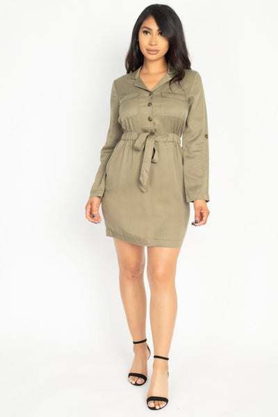 Our Best 100% Lyocell Collar Neck Breast Pocket Detail Button Down Long Sleeve Belted Sash Tie Shirt Mini Dress (Olive)