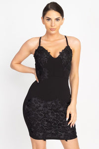 Floral Lace Polyester Blend Surplice Neckline Adjustable Cami Straps Embroidered Bodycon Mini Dress (Black)