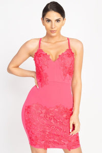 Floral Lace Polyester Blend Surplice Neckline Adjustable Cami Straps Embroidered Bodycon Mini Dress (Coral)