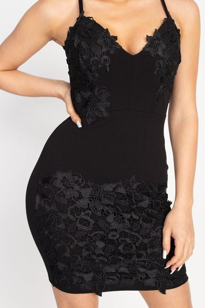 Floral Lace Polyester Blend Surplice Neckline Adjustable Cami Straps Embroidered Bodycon Mini Dress (Black)