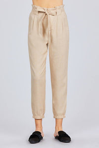 Wendy Wendolyn Linen/Rayon/Polyester Blend Front Wrap Waist Bow Tie Design Long Linen Paper Bag Pants (Khaki)