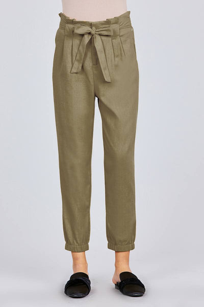 Wendy Wendolyn Linen/Rayon/Polyester Blend Front Wrap Waist Bow Tie Design Long Linen Paper Bag Pants (Olive)